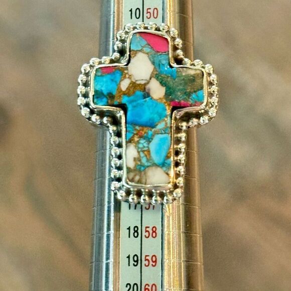 Large Cotton Candy Turquoise Cross Western Statement Ring Sterling Silver Sz 6 - Picture 2 of 6